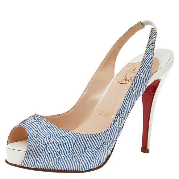 Christian Louboutin White/Blue Striped Fabric No Prive Slingback Pumps - Picture 1 of 4
